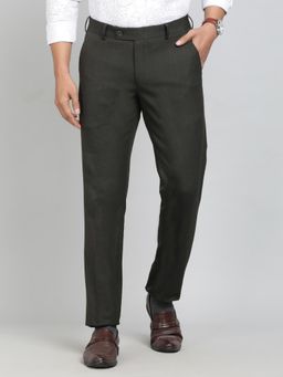 JadeBlue - Olive Green Poly Viscose Solid Formal Trouser