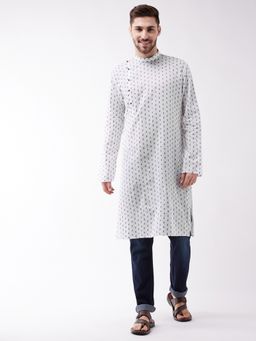 Vastramay - Mens White & Blue Cotton Kurta