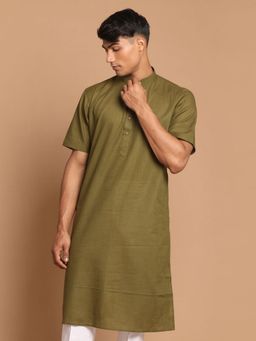 Vastramay - Mens Olive Cotton Linen Kurta