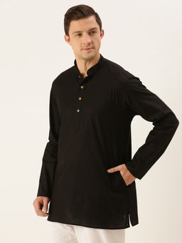 Vastramay - Mens Black Cotton Linen Short Kurta