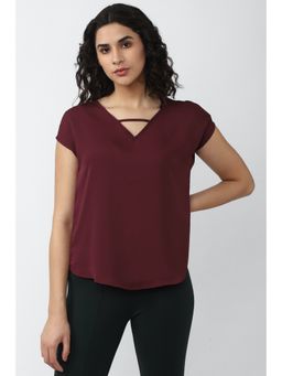 Van Heusen - Women Maroon Solid Casual V-neck Top