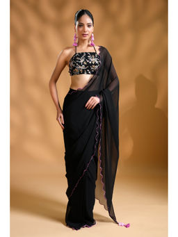 HANDME - Regal Black Luxe Pre-Draped Saree with Embroidered Unstitched Blouse