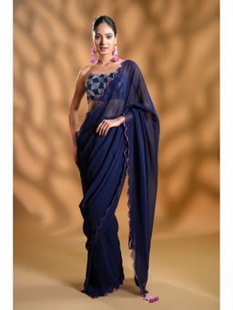 HANDME - Navy Blue Premium Pre-Draped Saree with Embroidered Unstitched Blouse