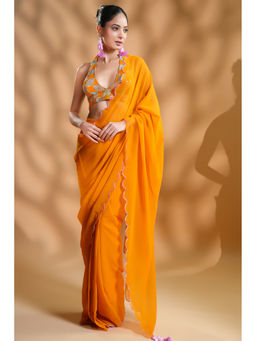 HANDME - Chic Mustard Pre-Draped Saree with Embroidered Unstitched Blouse
