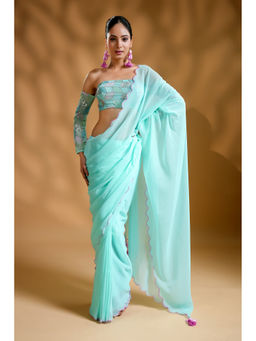 HANDME - Aqua Blue Pre-Draped Saree with Embroidered Unstitched Blouse