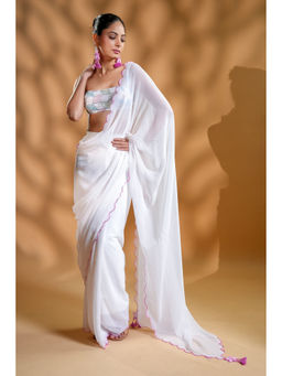 HANDME - Serene White Pre-Draped Saree with Embroidered Unstitched Blouse