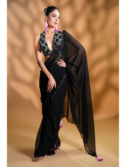 HANDME - Gorgeous Black Pre-Draped Saree with Embroidered Unstitched Blouse