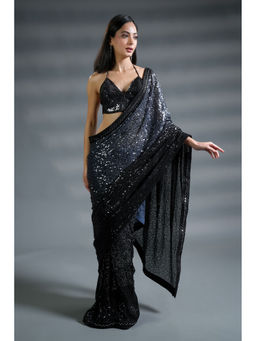HANDME - Ravishing Black Pre-Draped Sequin Saree and Unstitched Blouse