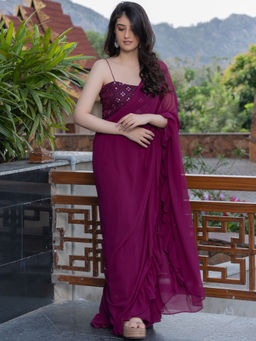 HOUSE OF JAMOTI - Wine Sharara Saree with Stitched Blouse