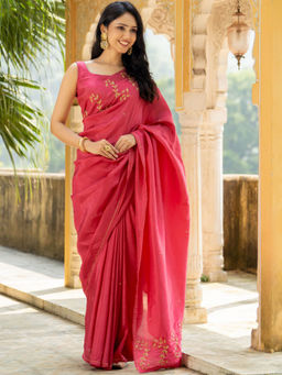 HOUSE OF JAMOTI - Brilliant Rose Aari Work Saree with Unstitched