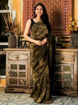HOUSE OF JAMOTI - Hina Green Tissue Saree with Unstitched