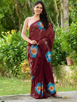 HOUSE OF JAMOTI - Cranberry Hand Painted Saree with Unstitched