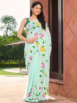 HOUSE OF JAMOTI - Paste Green Hand Painted Saree with Unstitched