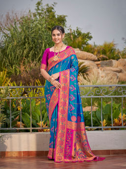 Manohari - Banarasi Woven Blue with Pink Saree with Unstitched Blouse