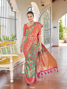 Manohari - Banarasi Woven Blue with Pink Saree with Unstitched Blouse