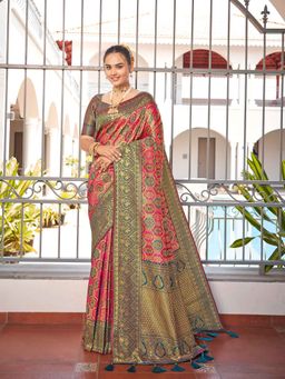 Manohari - Banarasi Woven Pink with Blue Saree with Unstitched Blouse