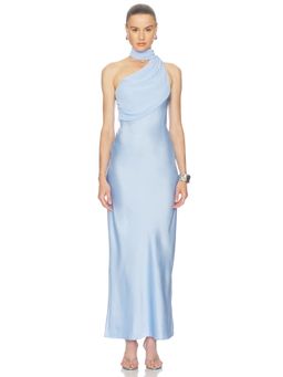 Amanda Uprichard - Myra Women's Satin Scarf Detail One Shoulder Maxi Dress Blue