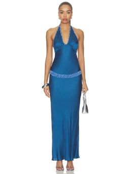 Asta Resort - Hand Beaded Women's Halter Neck Satin Maxi Dress Sailor Blue