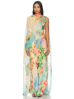 HEMANT AND NANDITA - Women's Floral Printed Satin Maxi Dress Multi-Color