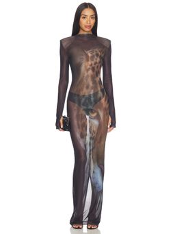 Bronx and Banco - Tiger Print Women's Sheer Mesh Long Sleeve Maxi Dress Black Multi