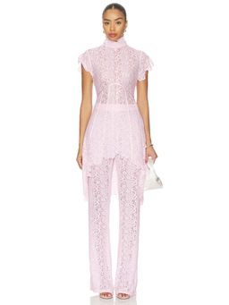 Deme by Gabriella - Carly Women's Sheer Lace High Neck Pant Set Pink