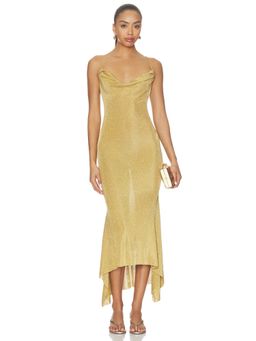 GUIZIO - Elsie Women's Metallic Cowl Neck Corset Tie Midi Dress Gold
