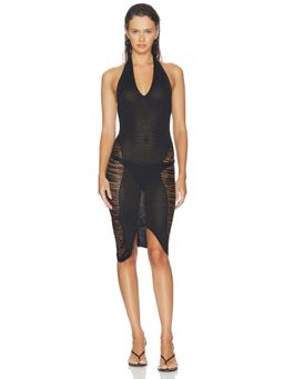 HAELO - Fringe Women's Halter Neck Scoop Back Bodycon Mini Dress Black