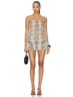 Indah - Izzy Printed Women's Strapless Drop Waist Mini Dress Brown