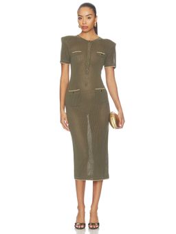 L'AGENCE - Open Stitch Women's Short Sleeve Pull-On Midi Dress Olive