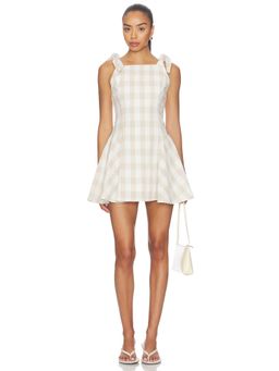 Maude Club - Gingham Women's Tie-Up Strap A-Line Mini Dress Beige