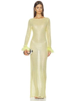 OW Collection - Sequin Mesh Women's Feather Trim Maxi Dress Yellow