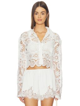 OW Collection - Alba Women's Crochet Open Knit Snap Button Blouse White
