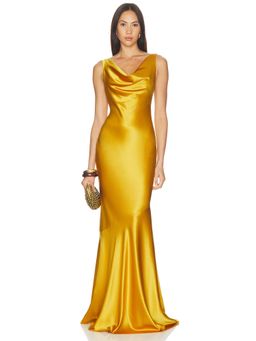 Retrofete - Beaded Strap Women's Satin Cowl Neck Maxi Dress Mustard