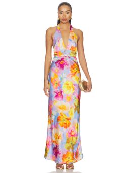 Show Me Your Mumu - Deep V Women's Floral Halter Neck Maxi Dress Multi-Color