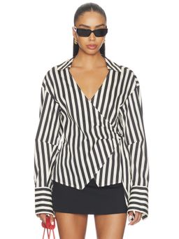 Simon Miller - Anya Poplin Women's Striped Wrap Blouse Black