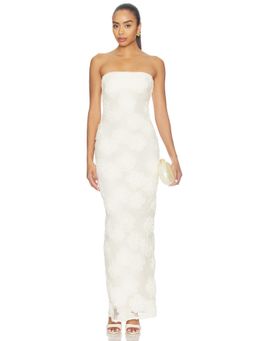 ROTATE - Flower Mesh Women's Strapless Floral Lace Midi Dress Off White