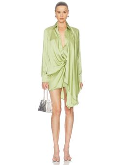 Vaillant - Women's Satin Button-Down Draped Shirt Mini Dress Pistachio