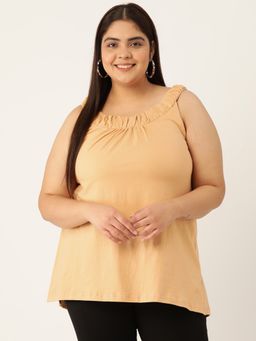 theRebelinme - Plus Size Womens Beige Solid Color Front Pleated Cotton Longline Top