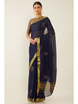 Soch - Women Navy Blue Embroidered Saree with Unstitched Blouse