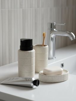 Mason Home - Stria Bathroom Dispenser With Tumbler & Tray - Beige (Pack of 3)