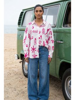 SAY - White Printed Collar Neck Cotton Shirt for Women