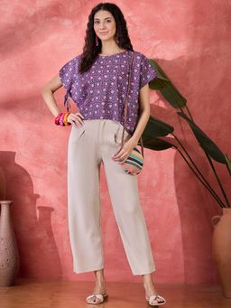 SANSKRUTIHOMES - Purple Floral Print Round Neck Cotton Top for Women