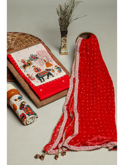 KISHORI - and Cotton Unstitched Salwar Suit Dress Material Set-Red (Set of 3)