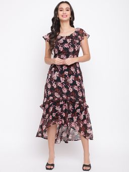 Latin Quarters - Black Floral Print A-line Dress with Ruffles