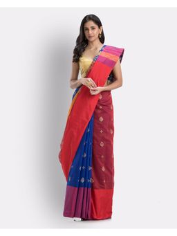 Angoshobha - Handwoven Printed Festive Cotton Blend Saree -Blue Maroon with Unstitched