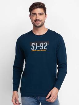 Spykar - Teal Blue Cotton Full Sleeve Printed Casual T-Shirt for Men