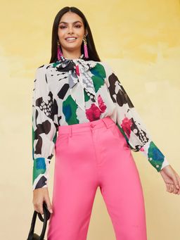 Styli - Paint Print Tie Up Neck Fit Blouse