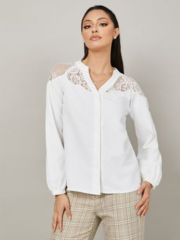 Styli - Full Sleeves Notch Neck Lace Insert Blouse