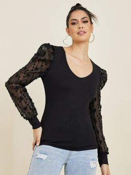 Styli - Long Puff Sleeve V Neck Fitted Knit Top