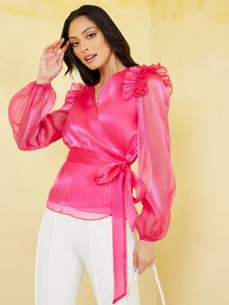 Styli - Ruffle V Neck Fit Wrap Blouse (Set of 2)